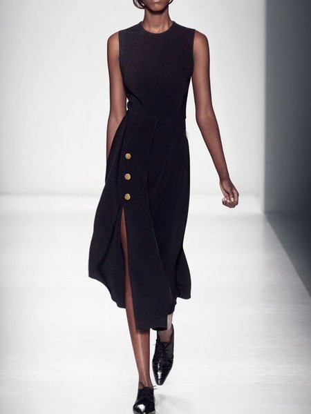 

Abito a Girocollo Vintage di Misto Cotone, Nero, Maxi Dresses