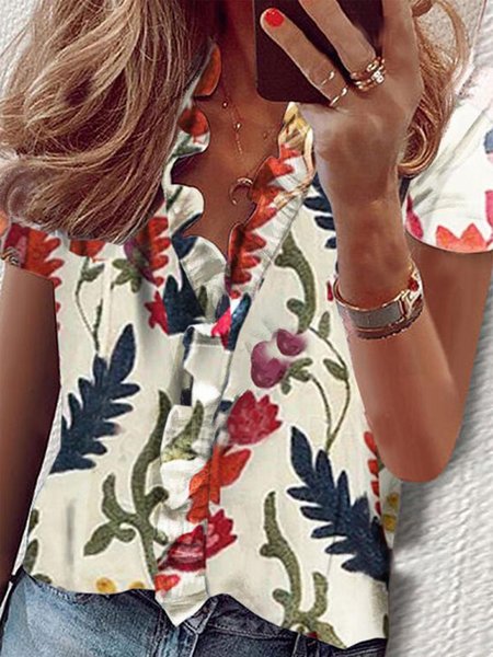 Top Floreale con Scollo a V, Bianco, Blouses & Shirts