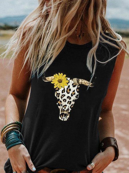 

Gilet a Girocollo Stampato Casuale Dritto, Nero, Tank Top