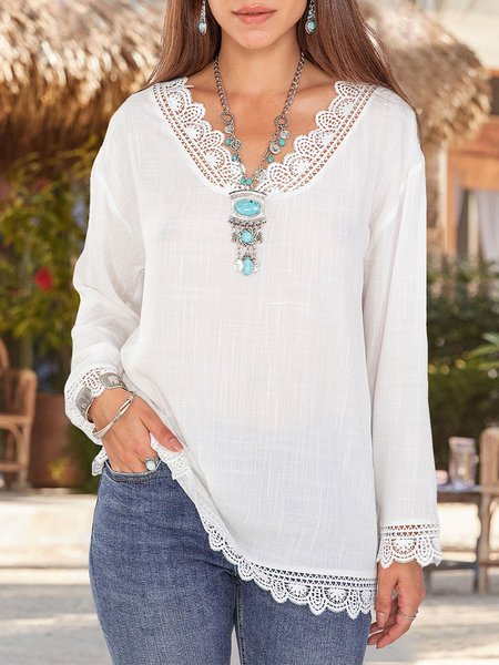 

Women Fringed V Neck Cotton 3/4 Sleeve Blouse, White, Tops