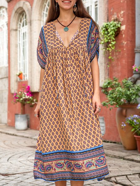 

Women Exotic Tribal Short Sleeve Weaving Dress, Yellow, Summer Dresses