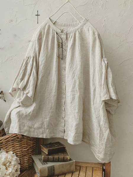 

Maglietta a Girocollo Casuale in Lino, Beige, Tops