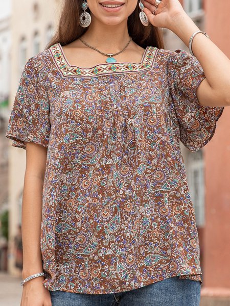 

Women Square Neck Chiffon Pleated Casual Top, Multicolor, Tops