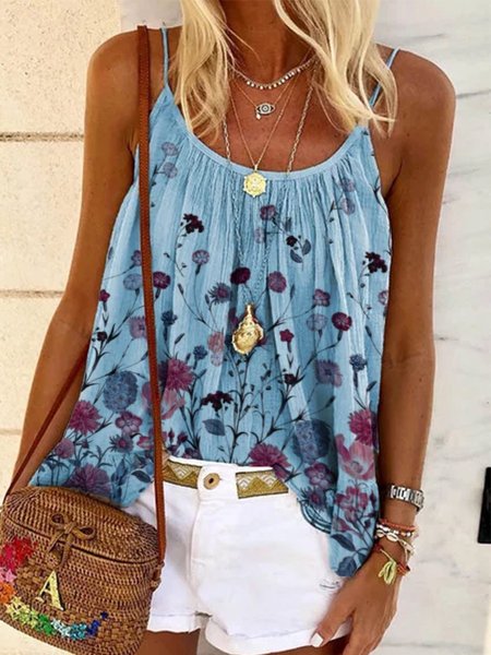 

Top Stampato Semplice di Misto Cotone, Blu, Tank Top