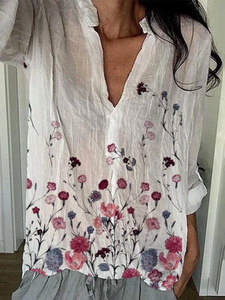 

Top con Scollo a V Stampato, Bianco, Blouses & Shirts