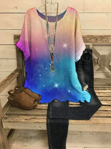 

Crew Neck Short Sleeve Casual T-shirt, Blue, Blouses & Shirts