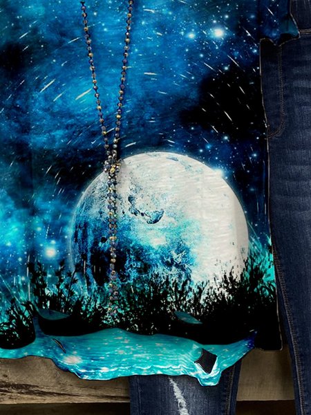 

T-Shirt con Scollo a V Casuale di Misto Cotone, Blu, T-Shirts
