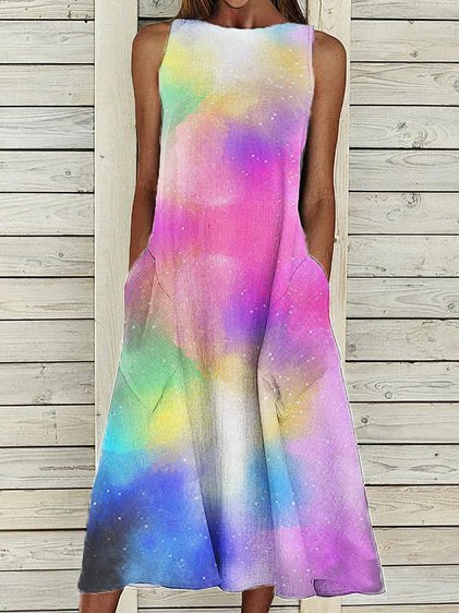 Abito a Girocollo Casuale di Misto Cotone, Rosa, Summer dresses