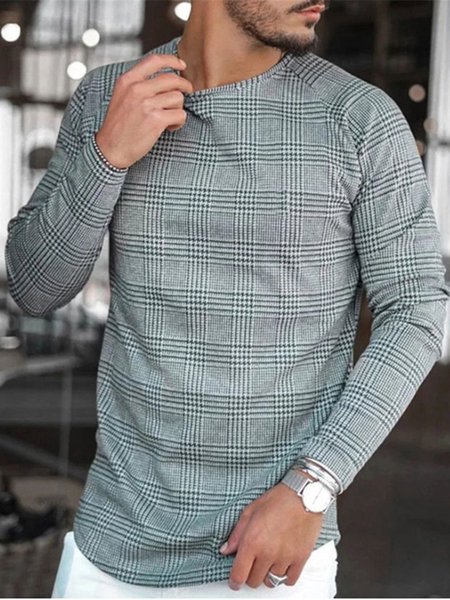 

Cotton-Blend Crew Neck Striped Shirts & Tops, Plaid, Men's basic shirt