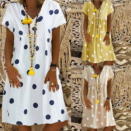 

Abito con Scollo a V a Pois Stampato, Giallo, Casual Dresses