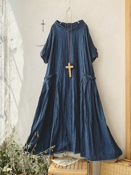

Maxi Abito con Tasche Casuale in Lino, Blu, Dresses