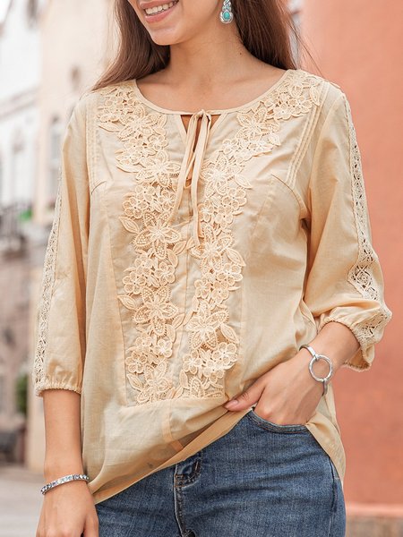 

Women Cotton 3/4 Sleeve Lace Up Blouse, Beige, Blouses and Shirts