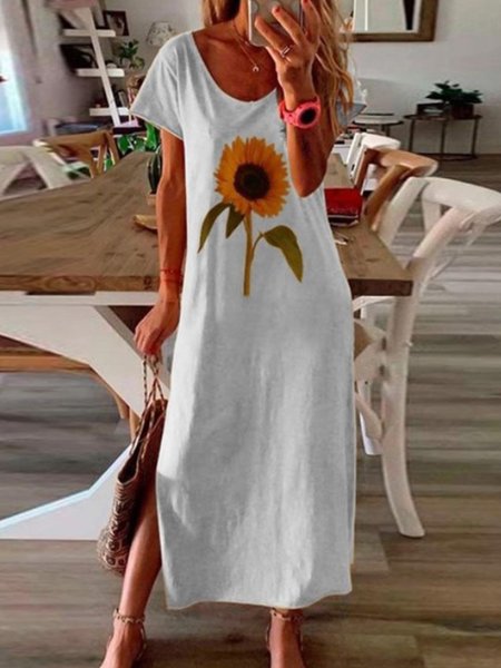 

Vintage Boho Sunflower Printed Plus Size Short Sleeve Crew Neck Casual Knitting Dress, White, Casual Dresses