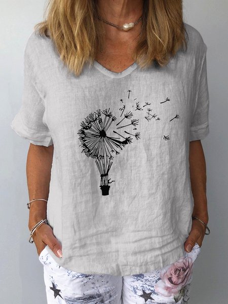 

Dandelion Print Linen Casual Top, Gray, Blouses and Shirts
