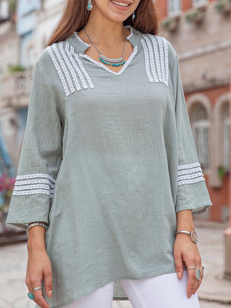 

Green Gray Simple Notch Neckline Top, Blouses and Shirts