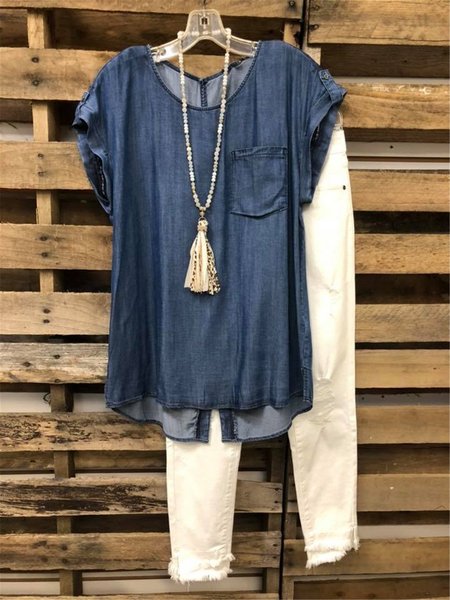 

Navy Blue Shift Crew Neck Short Sleeve Floral-Print Shirts & Tops, Tops