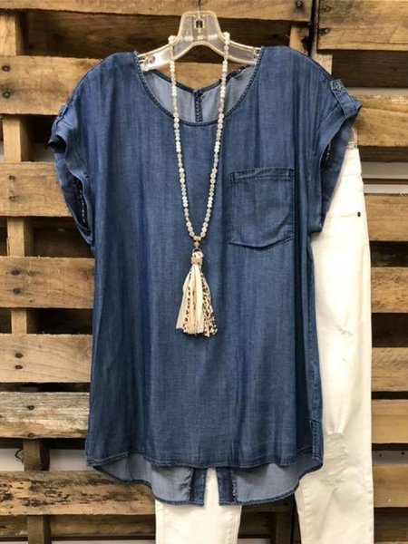 

Navy Blue Shift Crew Neck Short Sleeve Floral-Print Tops, T-Shirts