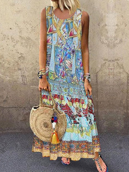 

Girocollo senza maniche Stampato Abito, Celeste, Maxi Dresses