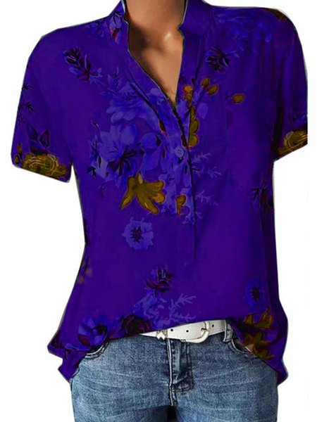 

Casual Floral-Print Short Sleeve T-Shirt & Top, Blue, Blouses