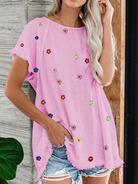 

Top Casuale Stampato Floreale di Misto Cotone, Rosa rosso, T-Shirts