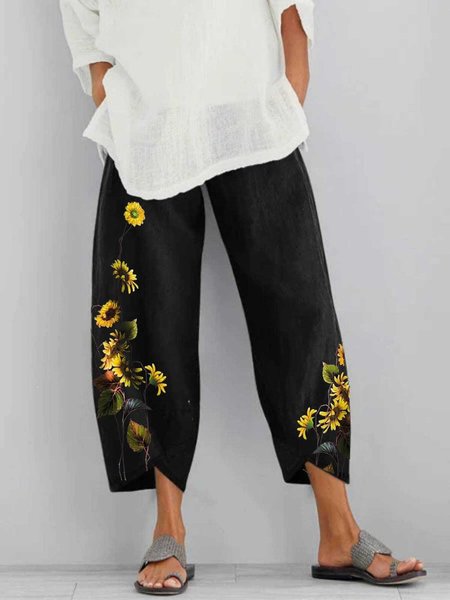

Pantaloni Stampato Floreale Casuale in Lino, Nero, Pants