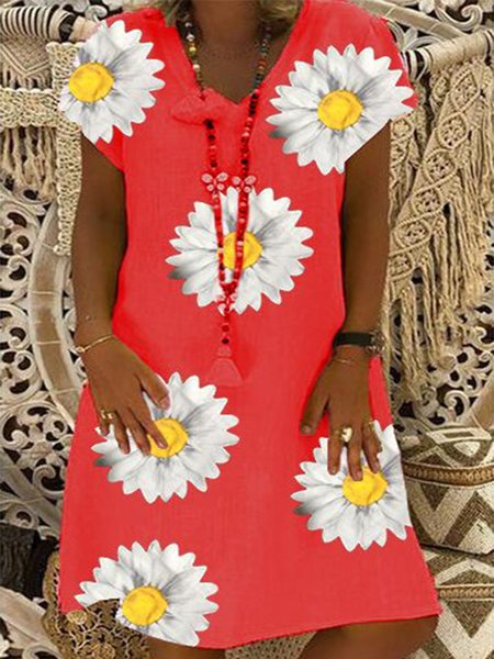 

Vintage Margherita Stampata Floreale taglia grande Maniche Corte Scollo a V Gonna Casuale, Rosso, Summer dresses