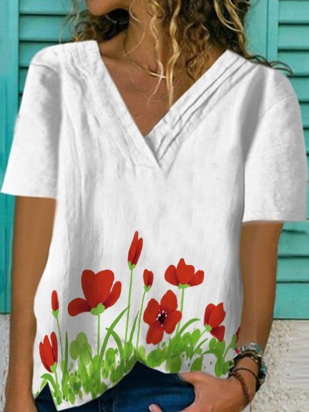 

T-Shirt con Scollo a V in Lino, Bianco, T-Shirts