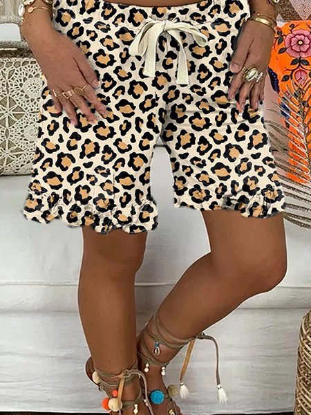 

Pantaloni Leopardo Casuale di Misto Cotone, Beige, Shorts