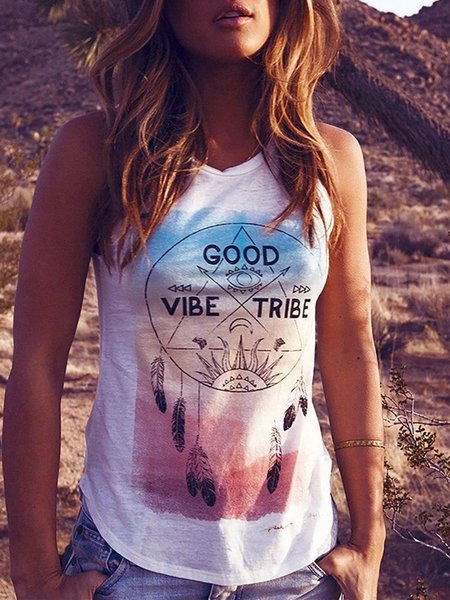 

White Shift Casual Club Party Daily Printed Sleeveless Shift Vests, Tops