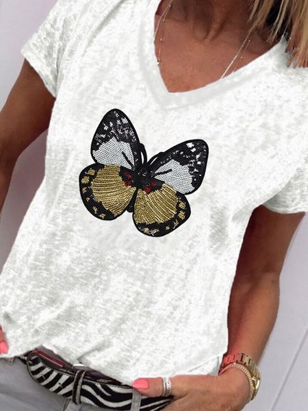 

Women Butterfly Printed Casual Short Sleeve V Neck T-shirt, White, T-shirts