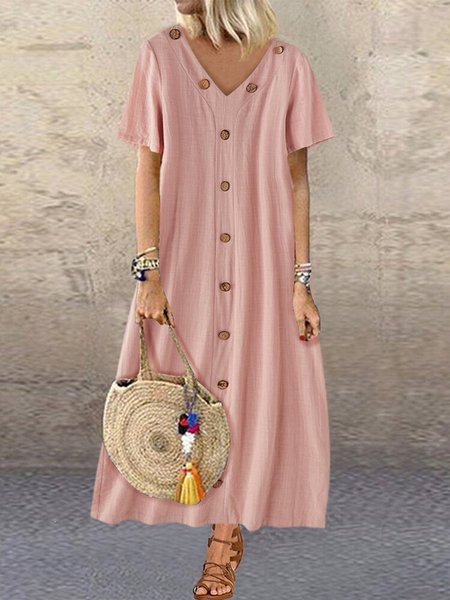 

Maxi Abito Bottone Scollo a V Colore Solido Sciolto, Rosa, Maxi Dresses