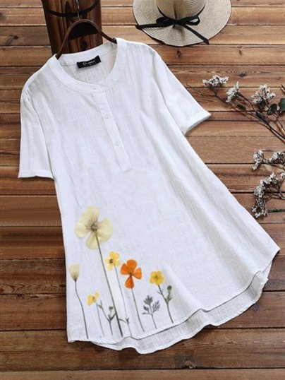 

Cotton Floral-Print Crew Neck Short Sleeve Shirts & Tops, White, Blouses