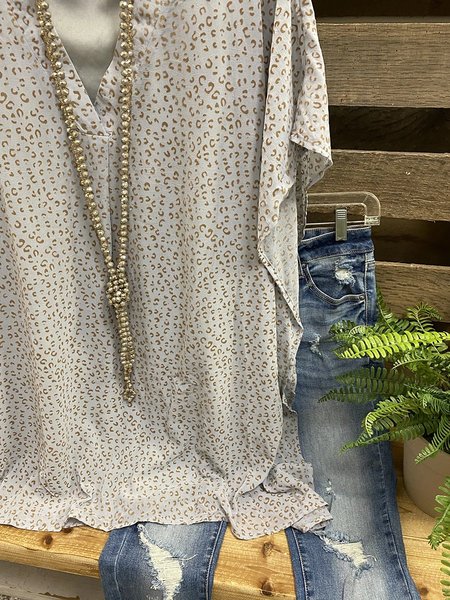 T-Shirt con Scollo a V Floreale Casuale, Grigio, T-Shirts