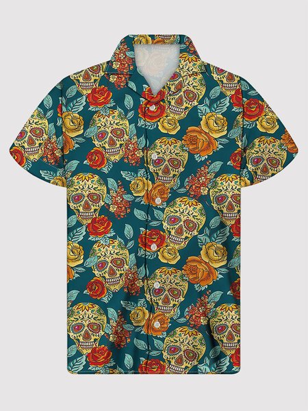 

Men's Green Casual Skull Printed Shirt Collar Shirts, Men's Floral shirt