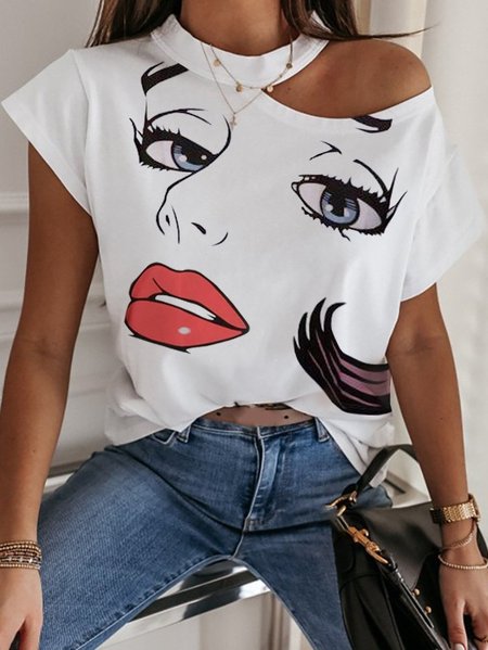 

Holiday One Shoulder Graffiti Print T-Shirts & Tops, White-red, T-shirts