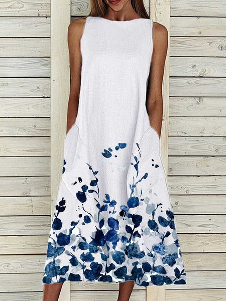 

Abito a Girocollo Patchwork Casuale di Cotone, Bianco, Dresses