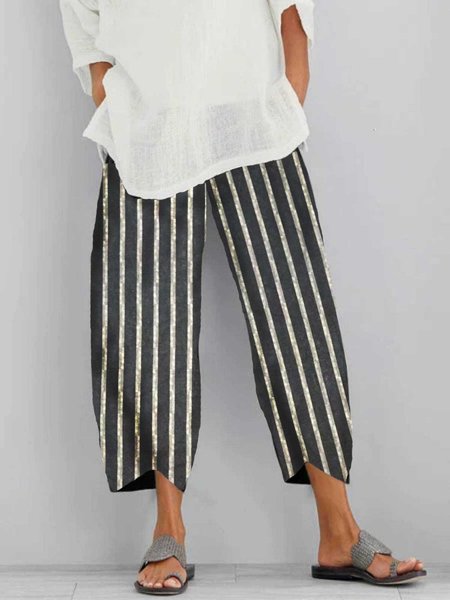 

Pantaloni con Tasche a Strisce Casuale in Lino, Nero, Pants