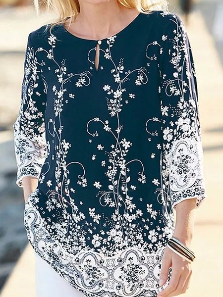 

Cotton-Blend Crew Neck Casual Tops, Blue, Tops