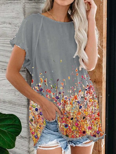 

T-Shirt a Girocollo Casuale Patchwork di Cotone, Grigio, T-Shirts