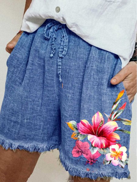 

Pantaloni Patchwork Stampato Casuale di Cotone, Blu, Shorts