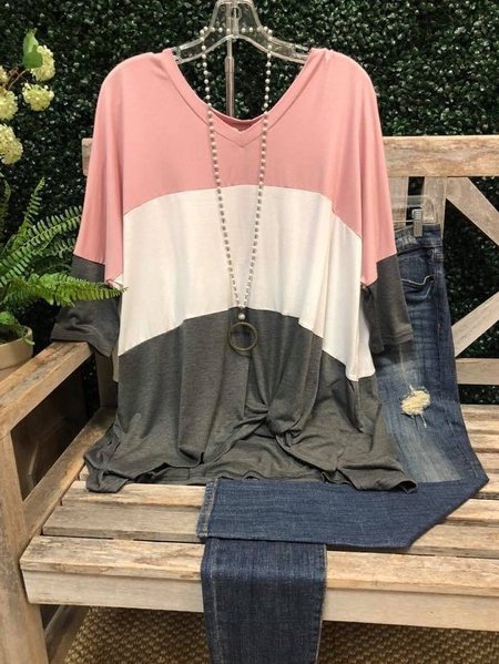

T-Shirt Casuale con Scollo a V di Cotone, Rosa, T-Shirts