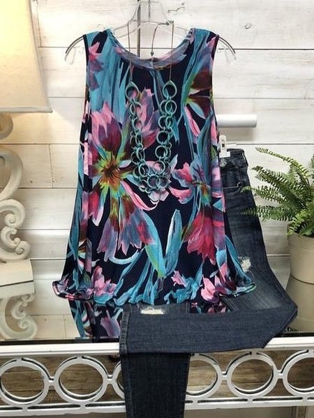 

Top a O-collo Casuale, Blu, T-Shirts