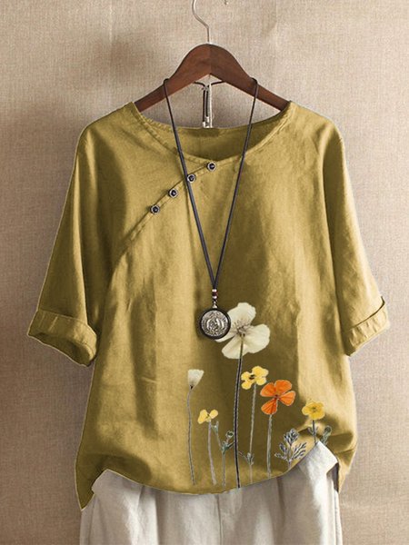 

Floral 3/4 Sleeve Casual Round Neck Tops, Yellow, Tops