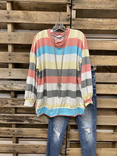 

Rainbow Striped Round Neck Long Sleeve Top, As picture, Tops