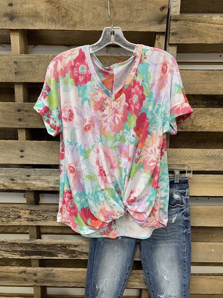 

T-Shirt con Scollo a V Stampato Floreale, Come immagine, T-Shirts