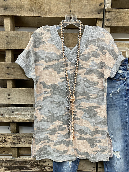 

T-Shirt con Scollo a V Casuale di Cotone, Verde, T-Shirts