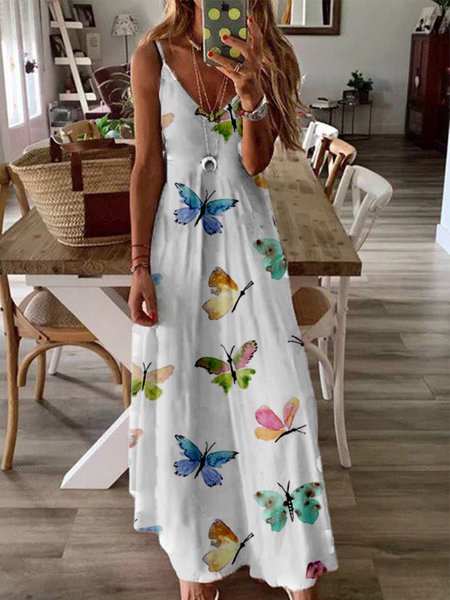 

Abito Stampato con Scollo a V, Bianco, Maxi Dresses
