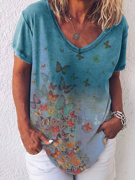 T-Shirt Casuale Stampato Floreale, Blu, Blouses & Shirts