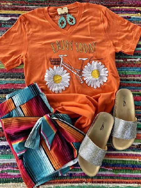 Orange Cotton Floral V Neck Short Sleeve T-shirt, T-Shirts