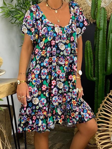 

Abito Floreale con Scollo a U A-line, Multicolore, Mini Dresses